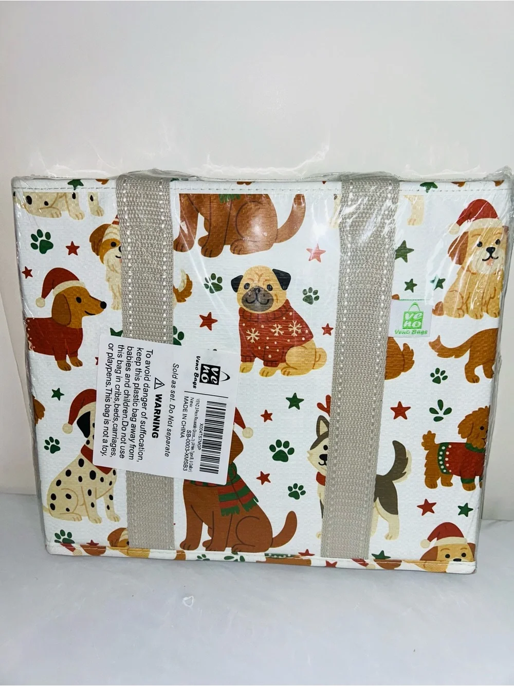 Reusable Dog-Print Utility Tote Bag - White with Tan Handles